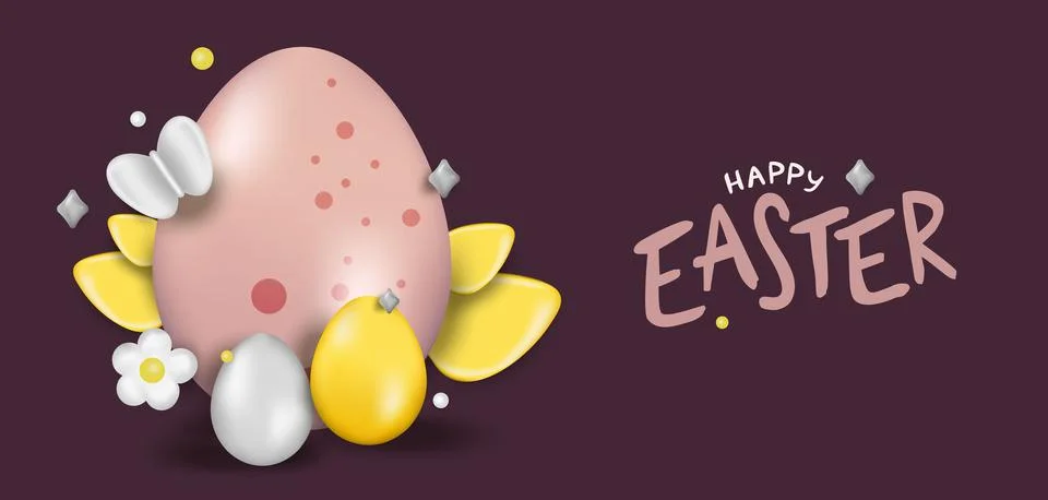Easter day design. Realistic Easter eggs on a burgundy background. Holiday ba Stock Illustration