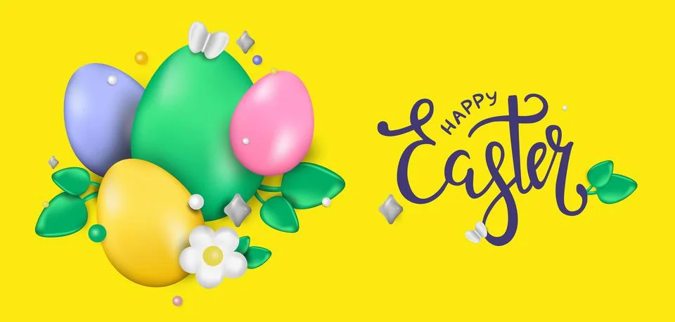 Easter day design. Realistic Easter eggs on a yellow background. Holiday bann Illustrazione stock