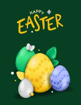 Easter day design. Realistic Easter eggs on a green background. Holiday banne Stock Illustration