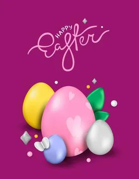 Easter day design. Realistic Easter eggs on a lilac background. Holiday banne 스톡 일러스트