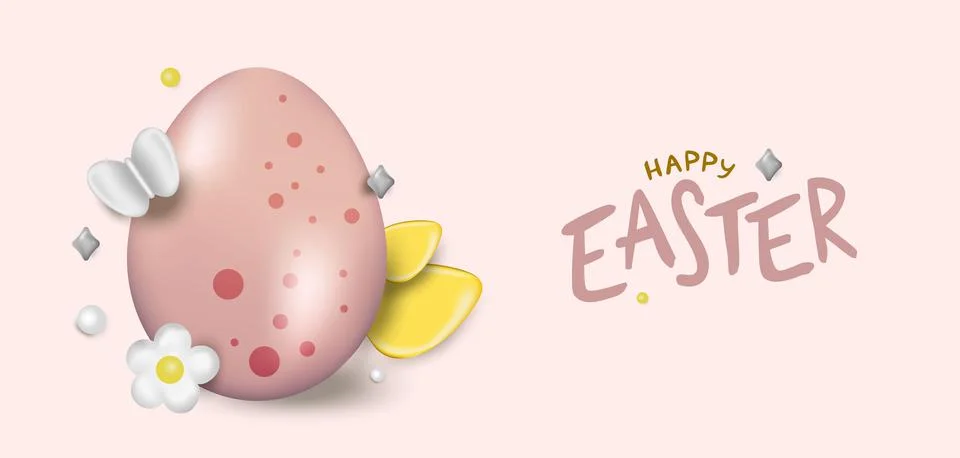 Easter day design. Realistic Easter eggs on pink background. Holiday banner,  Stockillustratie