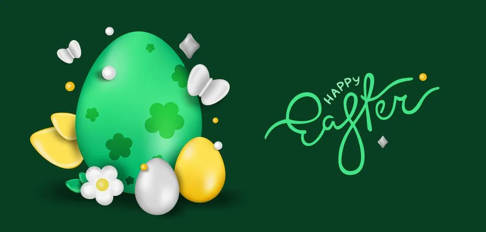 Easter day design. Realistic Easter eggs on a green background. Holiday banne 스톡 일러스트