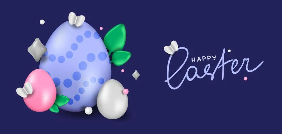 Easter day design. Realistic Easter eggs on a blue background. Holiday banner イラスト素材