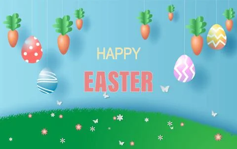 Easter day in garden park background.Creative paper art and craft style.Frame 스톡 일러스트
