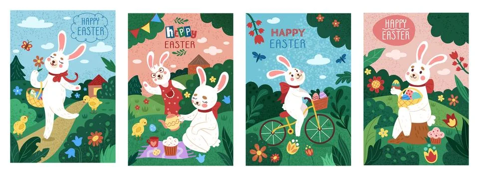 Easter day. Rabbit on picnic with egg. Spring party bunny. Poster design ha.. Stock Illustration