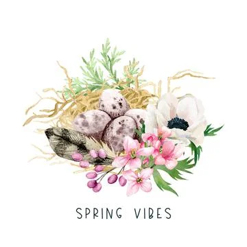 Easter decor, bird eggs with hay and flowers Stock Illustration