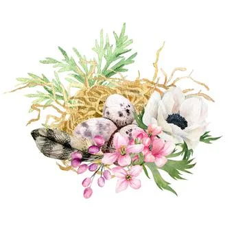 Easter decor, bird eggs with hay and flowers Stock Illustration