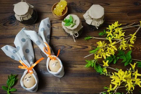 Easter decor of Easter eggs in the form of Easter bunnies Stock Photos