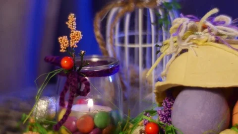 Easter Decor Egg Box With Six Colored Hen Eggs and a Photo Frame is Opened on a Stock Footage 72878916