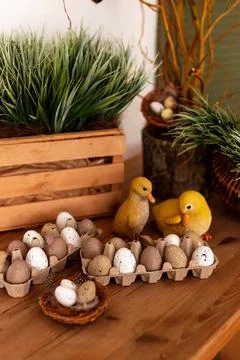 Easter Decor Featuring Vibrantly Colorful Eggs Accompanied by Adorable and Cute Stock Photos