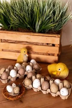 Easter Decor Featuring Vibrantly Colorful Eggs Accompanied by Adorable and Cute Stock Photos