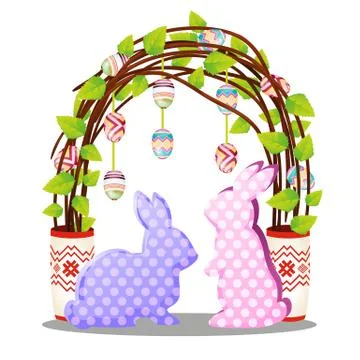 Easter decor in the form of silhouettes of hares made of paper and colorful eggs Stock Illustration
