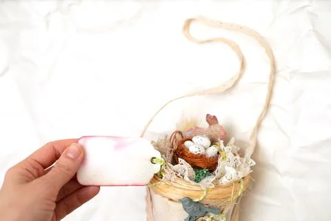 Easter. Decor hand made. Decoration for the holiday with a label mock up. Space Stock Photos