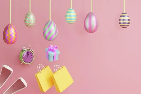 Easter decor hanging on threads on a pink background. Stock-Illustration