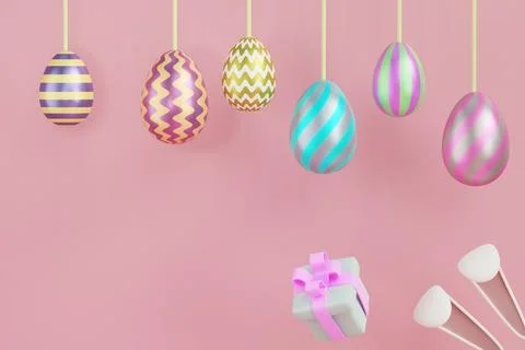 Easter decor hanging on threads on a pink background. Copy space 3D rendering 스톡 일러스트