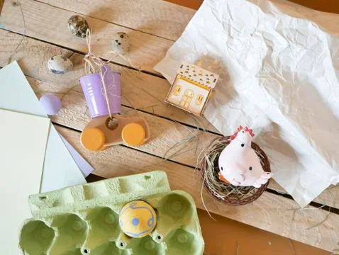 Easter decor on a light wooden table Stock Photos