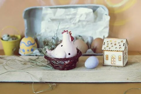 Easter decor on a light wooden table Stock Photos