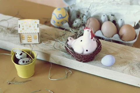 Easter decor on a light wooden table Stock Photos