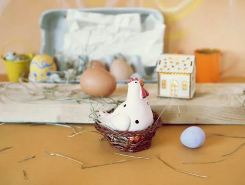 Easter decor on a light wooden table Stock Photos