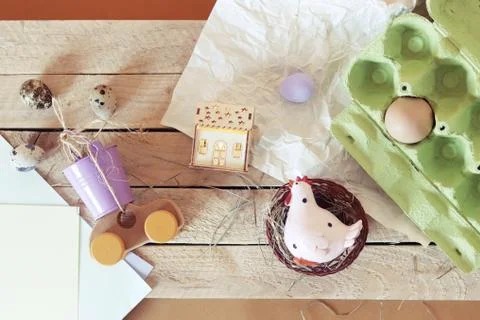 Easter decor on a light wooden table Stock Photos
