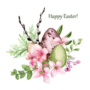 Easter decor, three easter eggs with willow and flowers Stock Illustration