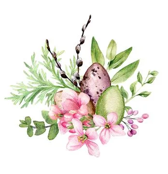 Easter decor, three easter eggs with willow and flowers Stock Illustration