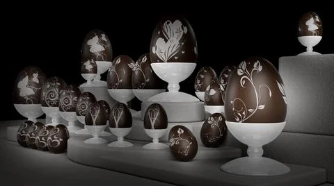 Easter. Decorated chocolate eggs - 3D Illustration. 스톡 일러스트