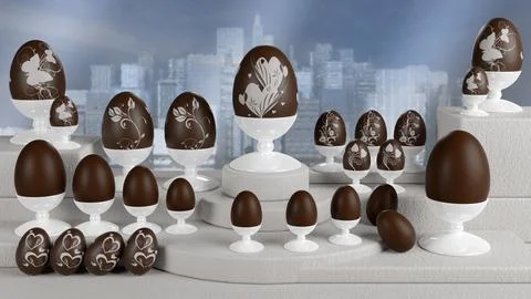 Easter. Decorated chocolate eggs - 3D Illustration. 스톡 일러스트