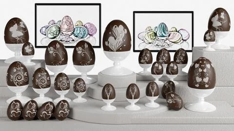 Easter. Decorated chocolate eggs - 3D Illustration. 스톡 일러스트