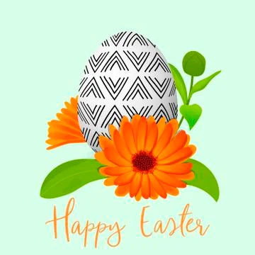 Easter decorated egg and calendula wreath. Ornamented festive egg with simple 스톡 일러스트