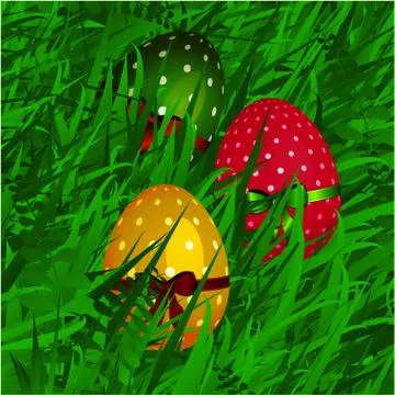 Easter decorated eggs on grass background Stock Illustration