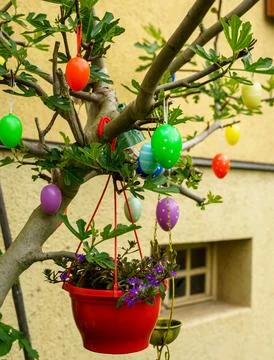 Easter Decorated Tree with Colorful Eggs and Flower Pot Stock Photos
