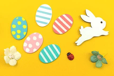 Easter decoration close-up photo with easter eggs and bunny Stock Photos