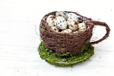 Easter decoration with egg in nest cup on white marble background Stock Photos