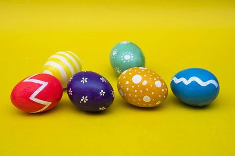 Easter Decoration Eggs on Yellow Studio Background Stock Photos