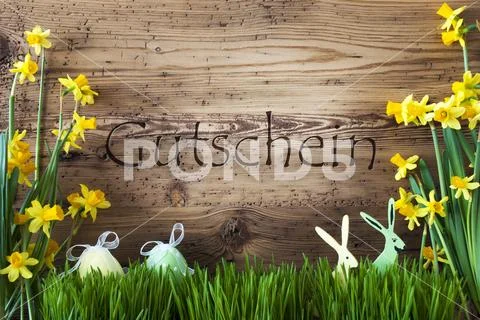 Easter Decoration, Gras, Gutschein Means Voucher Stock Photos