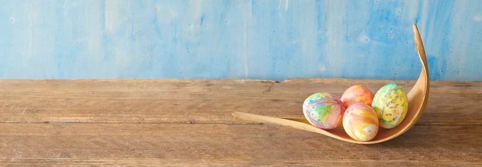 Easter decoration with hand painted easter eggs, design mock up panoramic Stock Photos