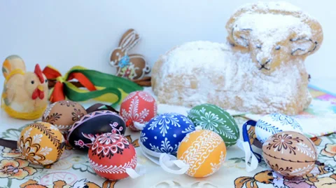 Easter decoration - painted eggs and ram Video stock 37124096