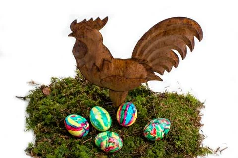 Easter Decoration: Painted Eggs and Rooster on Moss Stock Photos