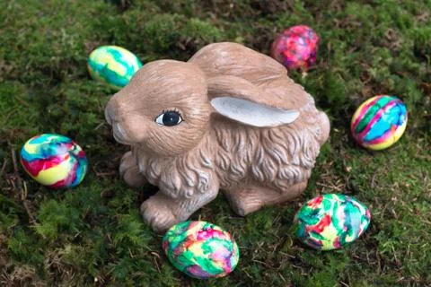 Easter Decoration: Painted Eggs and Rabbit on Moss Stock Photos