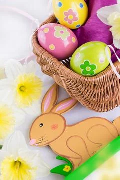Easter decoration with rabbit, eggs and tulips Stock Photos