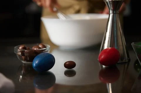 Easter decoration on a table with colorful eggs and festive preparations 写真素材