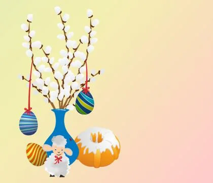 Easter decoration with vase, Easter eggs and sheep Illustrazione stock