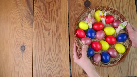 Easter decoration on a wooden table. Stock Footage 148370983