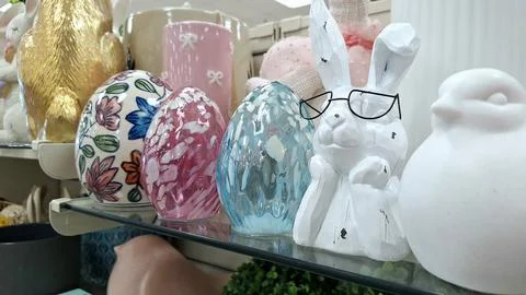 Easter decorations are on the shelf in store Stock Photos
