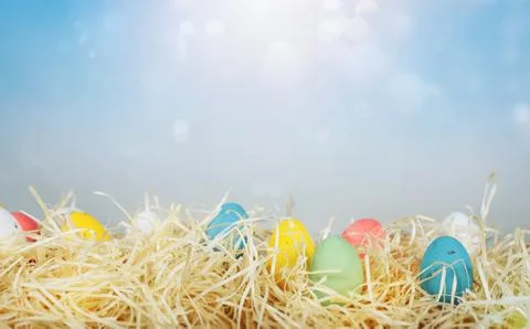 Easter decorations with colored eggs over straw in a sunny day 写真素材