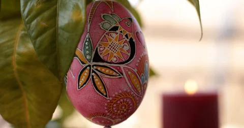 Easter decorations featuring handcrafted Easter egg dot art pysanka with vi.. Stock Photos