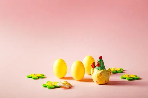 Easter decorations in the form of decorative eggs and a ceramic chicken Stock Photos