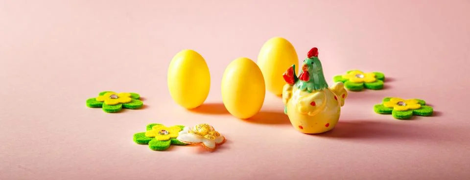 Easter decorations in the form of decorative eggs and a ceramic chicken Stock Photos