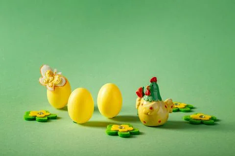 Easter decorations in the form of decorative eggs and a ceramic chicken Stock Photos